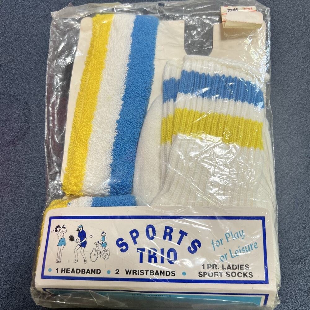 Vintage Sports Trio SET Headband Wristbands Socks NOS Tennis Aerobics Made USA